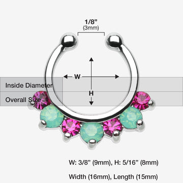 Detail View 1 of Opalite Sparkle Deuce Fake Septum Clip-On Ring-Green/Fuchsia
